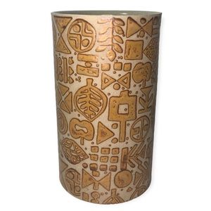 Wine Chiller or Vase~Neutral Tan Tobacco Colors Primitive Print Design Signed